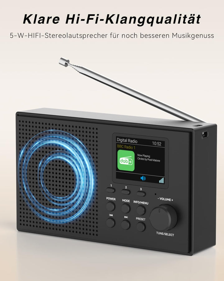 Tragbarer DAB DAB+ Radio mit Bluetooth, UKW Digital Radio, FM Wiederaufladbar Radio mit 2,4" Farbdis