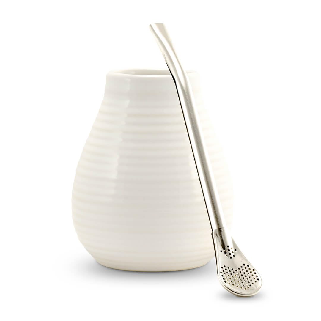 Yerba Mate Tee Set ● Das Original ● Keramik Matebecher + Edelstahl Bombilla (weiss), Weiss