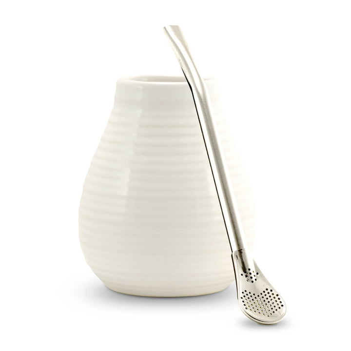 Yerba Mate Tee Set ● Das Original ● Keramik Matebecher + Edelstahl Bombilla (weiss), Weiss