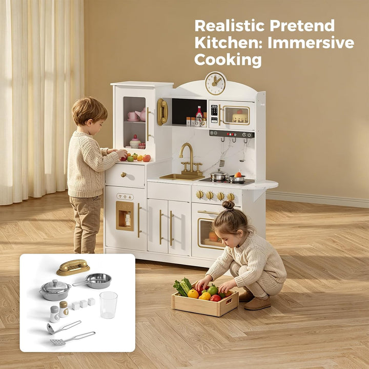 Kinderküche Spielküche Kinder, Holz Kinder Küche Mit Licht &amp; Sound- Kreidetafel Mikrowelle Herd Spül