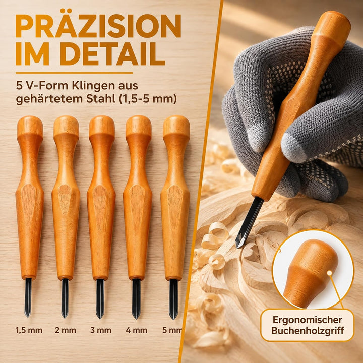 Schnitzmesser Set 5-teilig für Linolschnitt mit Buchenholzgriff