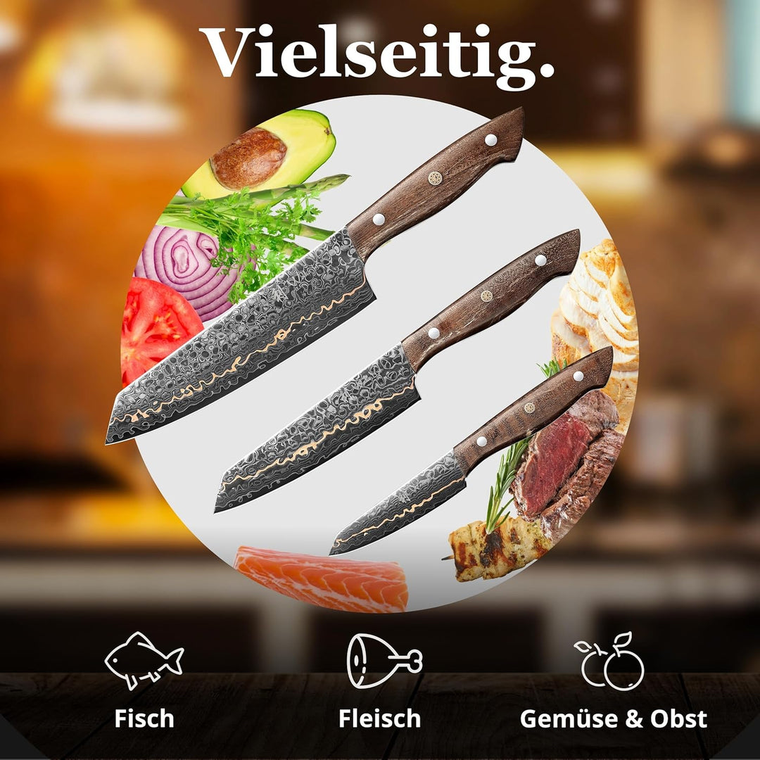 Wakoli Kawa 3er Damastmesser Set aus 67 Lagen Damaststahl mit VG-10 Kern, Kupfereinlage und Ahornwur