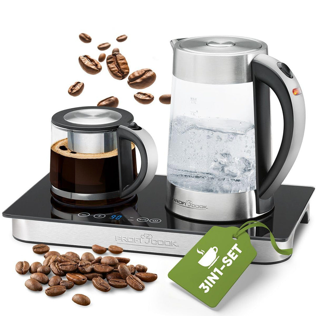 ProfiCook® Tee und Kaffeestation in Einem | 1,7 Liter hitzebeständiger Wasserkocher | Teekanne aus G