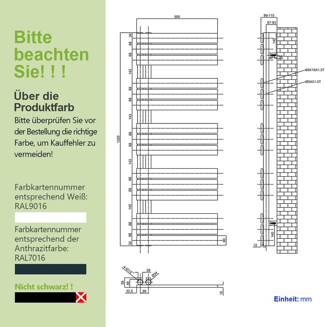 S'AFIELINA Badheizkörper Paneel Heizkörper Bad 1320x500mm Handtuchheizkörper mit Mittelanschluss 695