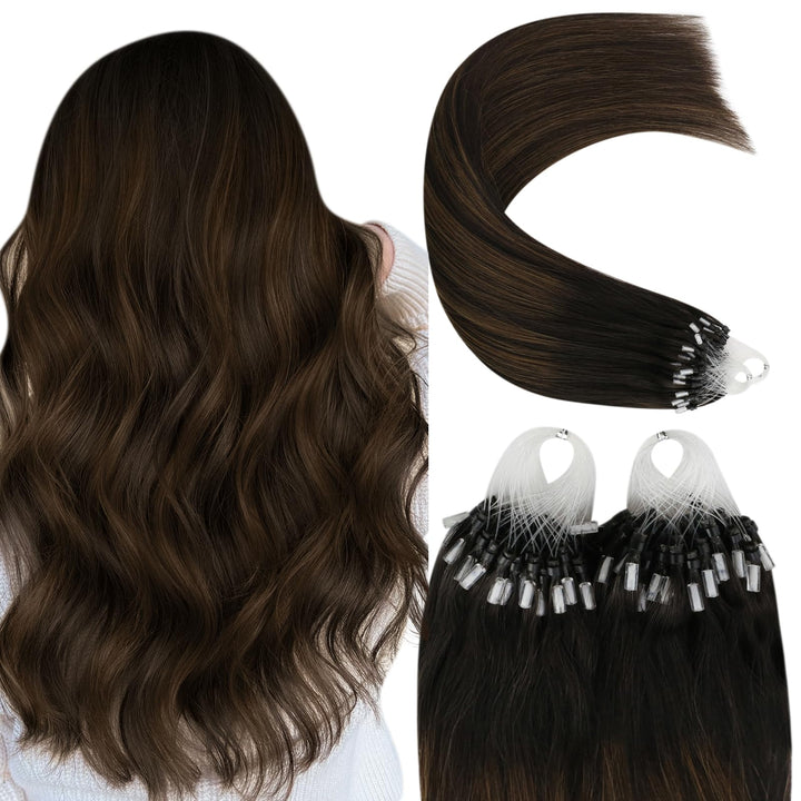 YoungSee Microring Extensions Echthaar Braun 40 cm Microring Hair Extensions Dunkelbraun Ombre Braun