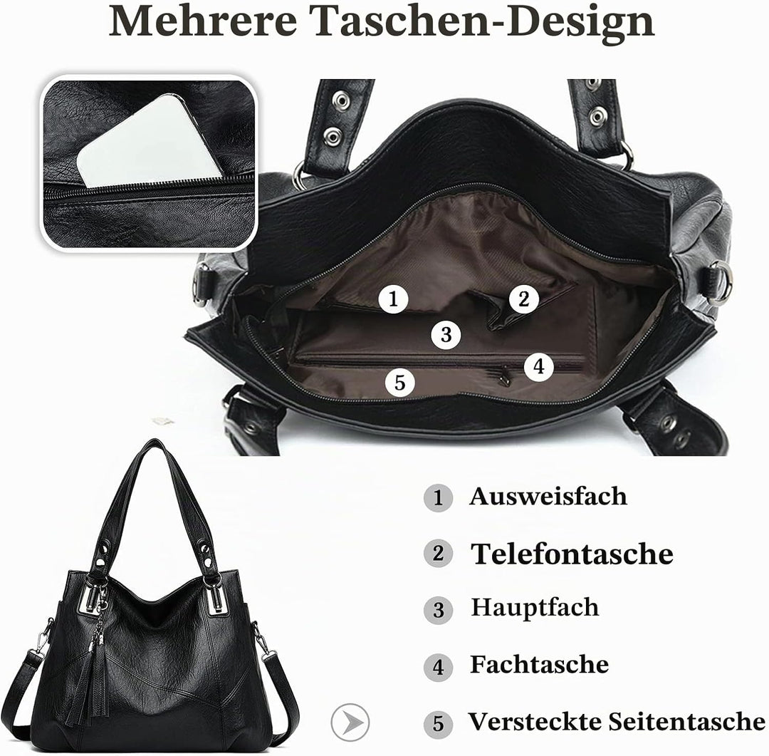 PORRASSO Damen Handtasche Mode Hobo Schultertasche Frauen Umhängetasche Grosse PU Leder Henkeltasche