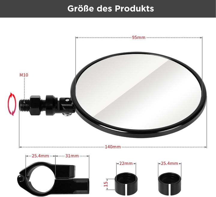 evermotor Motorrad Spiegel, E-geprüft Lenkerendenspiegel mit Klemme | Ø95 mm Unterlenker Spiegel , C