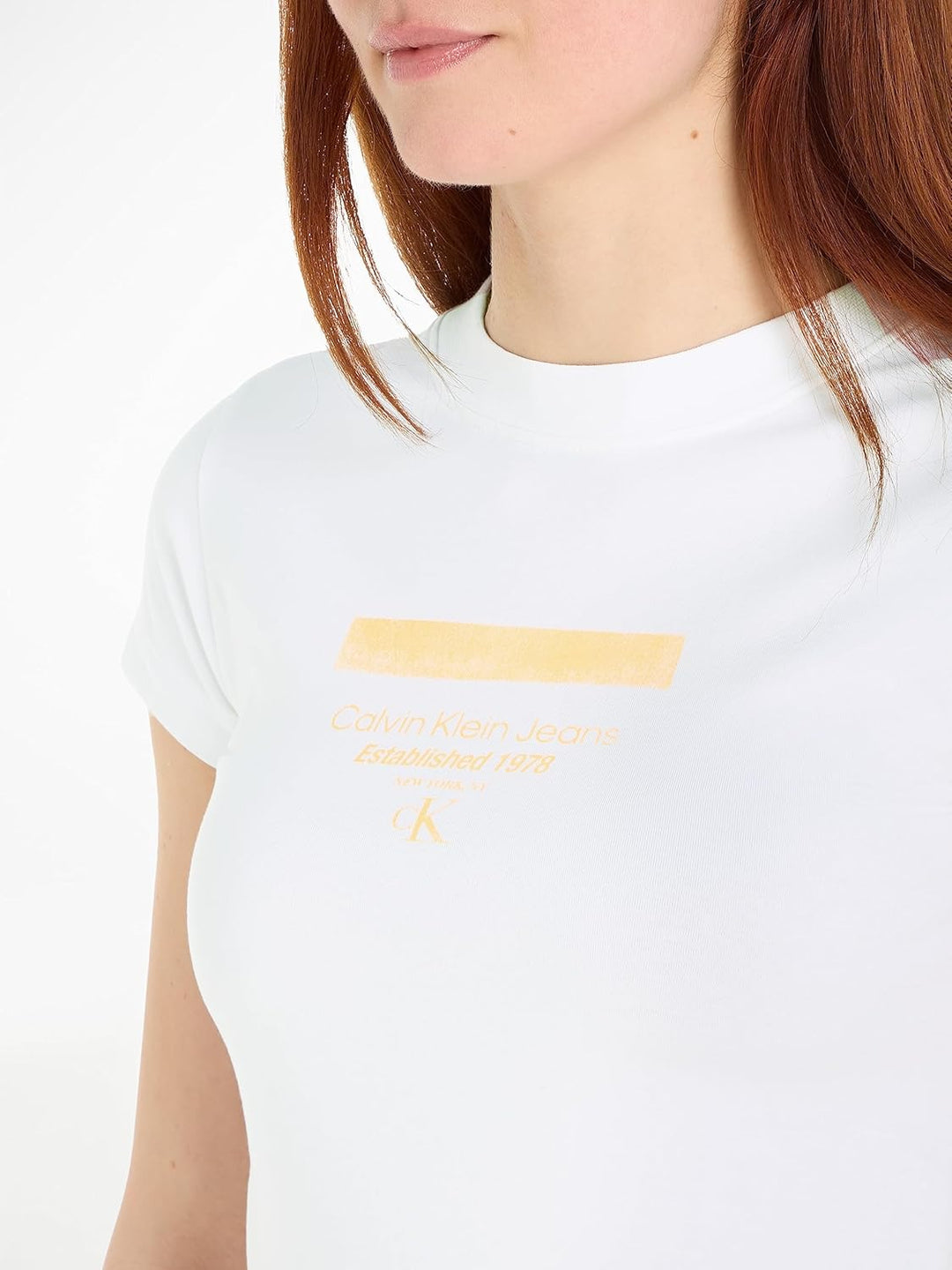 Calvin Klein Damen Stripe Logo Modern Straight Tee J20j222039 Kurzarm T-Shirts M Weiss (Bright White