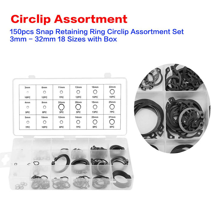 150 Stück Sicherungsring für C-Clip,Sprengring Set Seegering Sortiment, 3mm-32mm 18 Grössen mit Box,
