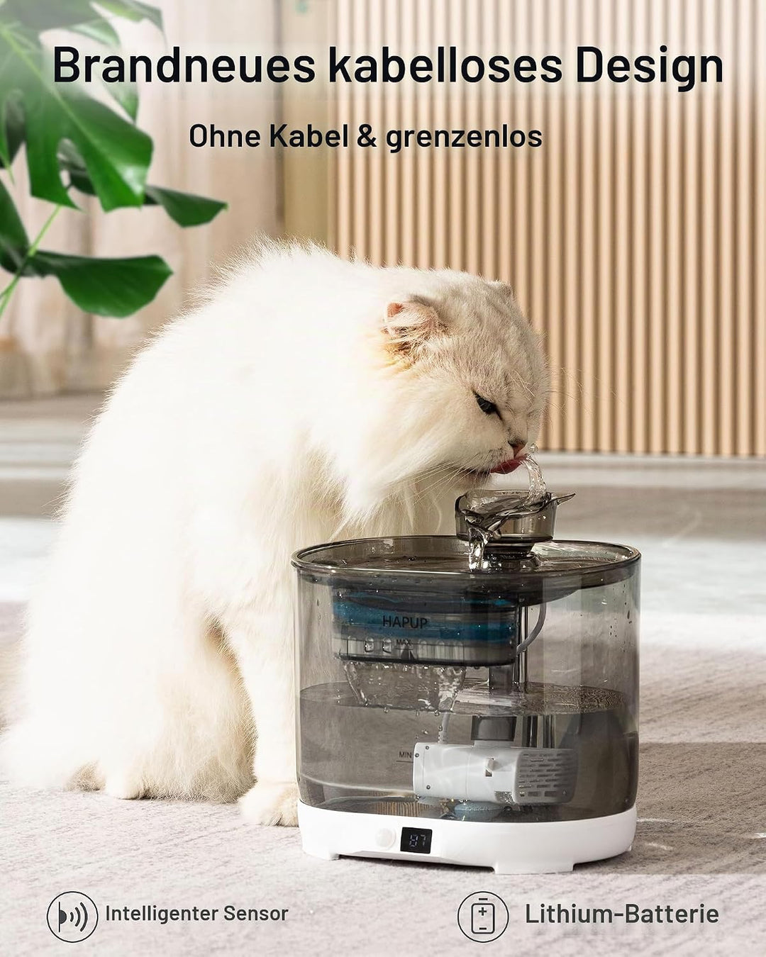 HAPUP Katzenbrunnen Batteriebetrieben Trinkbrunnen für Katze 2,2L Automatisch Wasserbrunnen für Katz