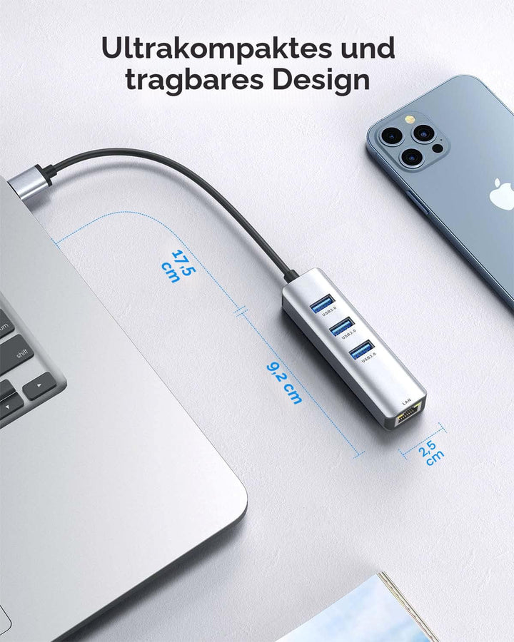 ABLEWE USB-auf-Ethernet-Adapter, 4-in-1 Aluminium USB Ethernet-Adapter mit RJ45 10/100/1000Mbps Giga