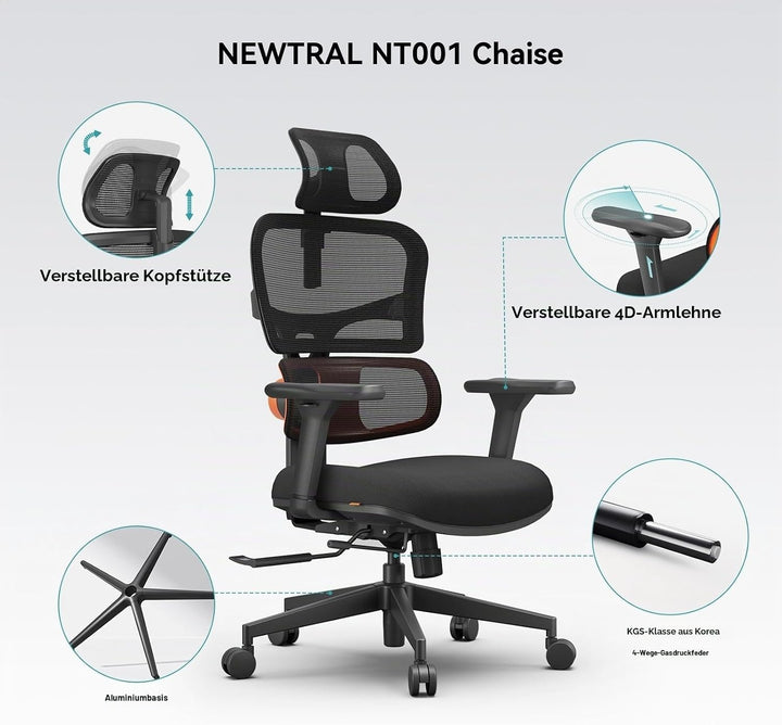 Newtral NT001 Bürostuhl Ergonomisch, Ergonomischer Schreibtischstuhl 150kg, Ergonomic Office Chair P