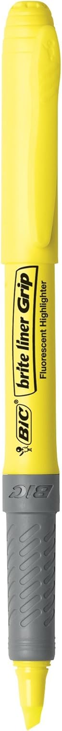 BIC Brite Liner Grip Textmarker, Blau, 12 Stück gelb 5-Count, gelb 5-Count