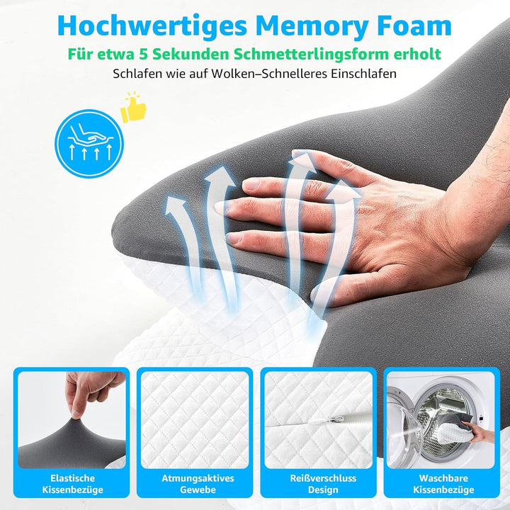 BRO Nackenstützkissen Memory Foam Kissen mit 2 Kissenbezügen Ergonomisches Kopfkissen Seitenschläfer