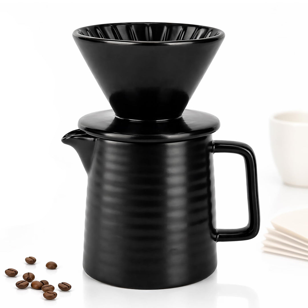 Keramik Kaffeebereiter Kaffeekanne mit Kaffeefilter - Handfilter Kaffee Set in Schwarz Hitzebeständi