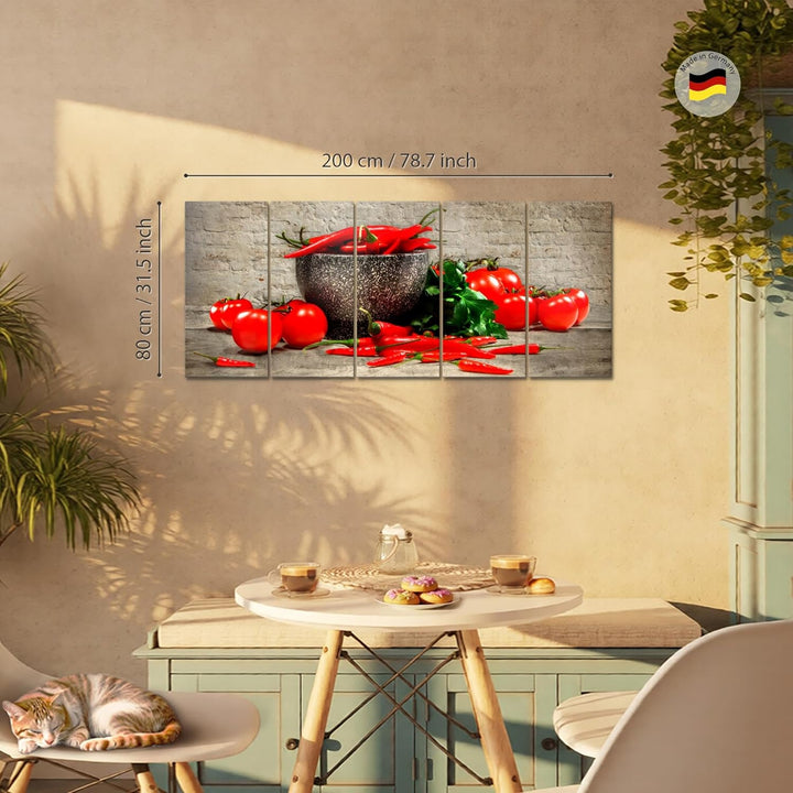 Runa Art Wandbild XXL Küche - Gemüse Esszimmer Küchenbilder 200 x 80 cm Braun Rot 5 Teilig - Made in