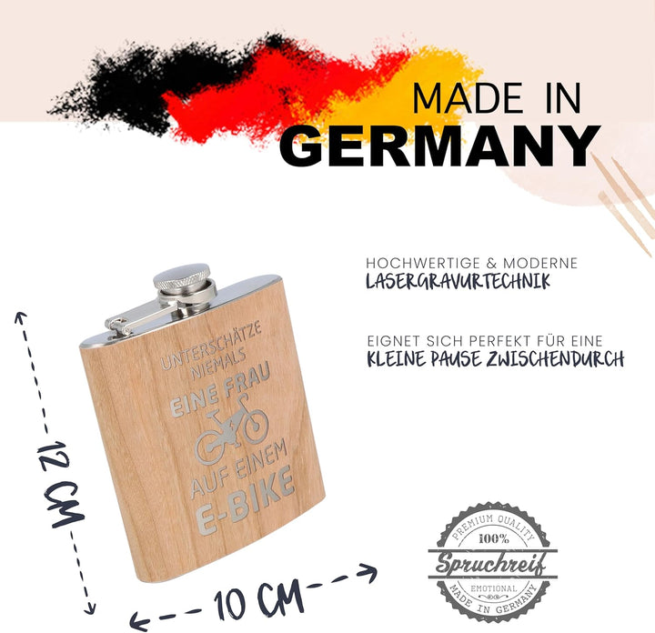 Spruchreif | Gravierter Edelstahl Flachmann | Holz Flachmann mit Gravur E-Bike | Outdoor Geschenk |
