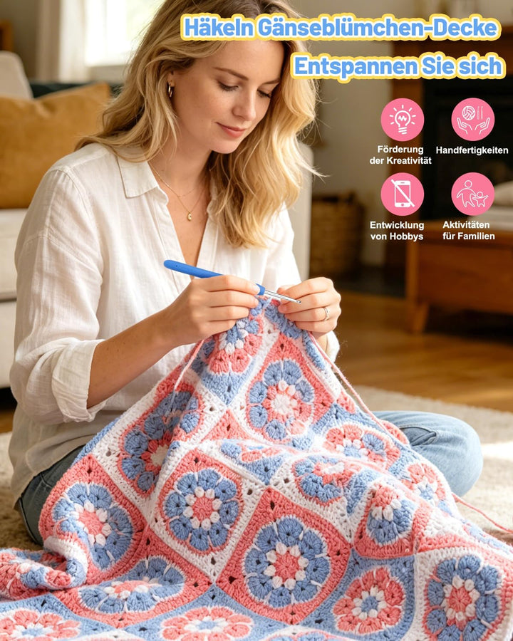 Coopay Granny Square Häkelset für Anfänger Profis, Komplettes Häkelset für Decke Häkeln, Häkel Set m