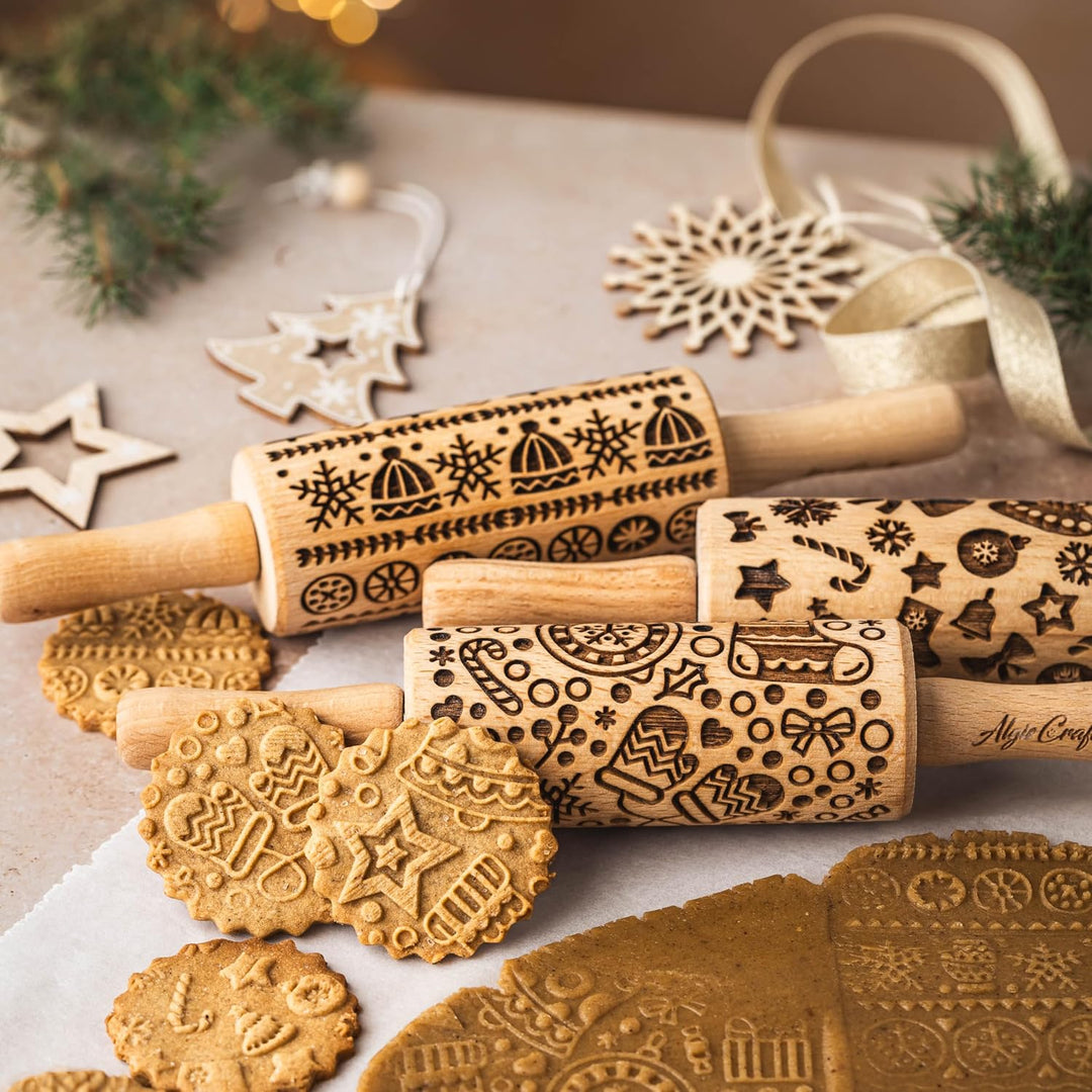 WEIHNACHTSSPASS 3-er SET Kinder Nudelhölzer Teigrolle für hausgemachtes Gebäck. Weihnachten Teigroll