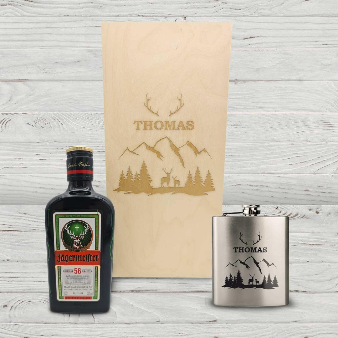 GRAVURZEILE Flachmann Geschenkset - Edelstahl Flachmann 150 ml mit Gravur im Set - inkl. Jägermeiste