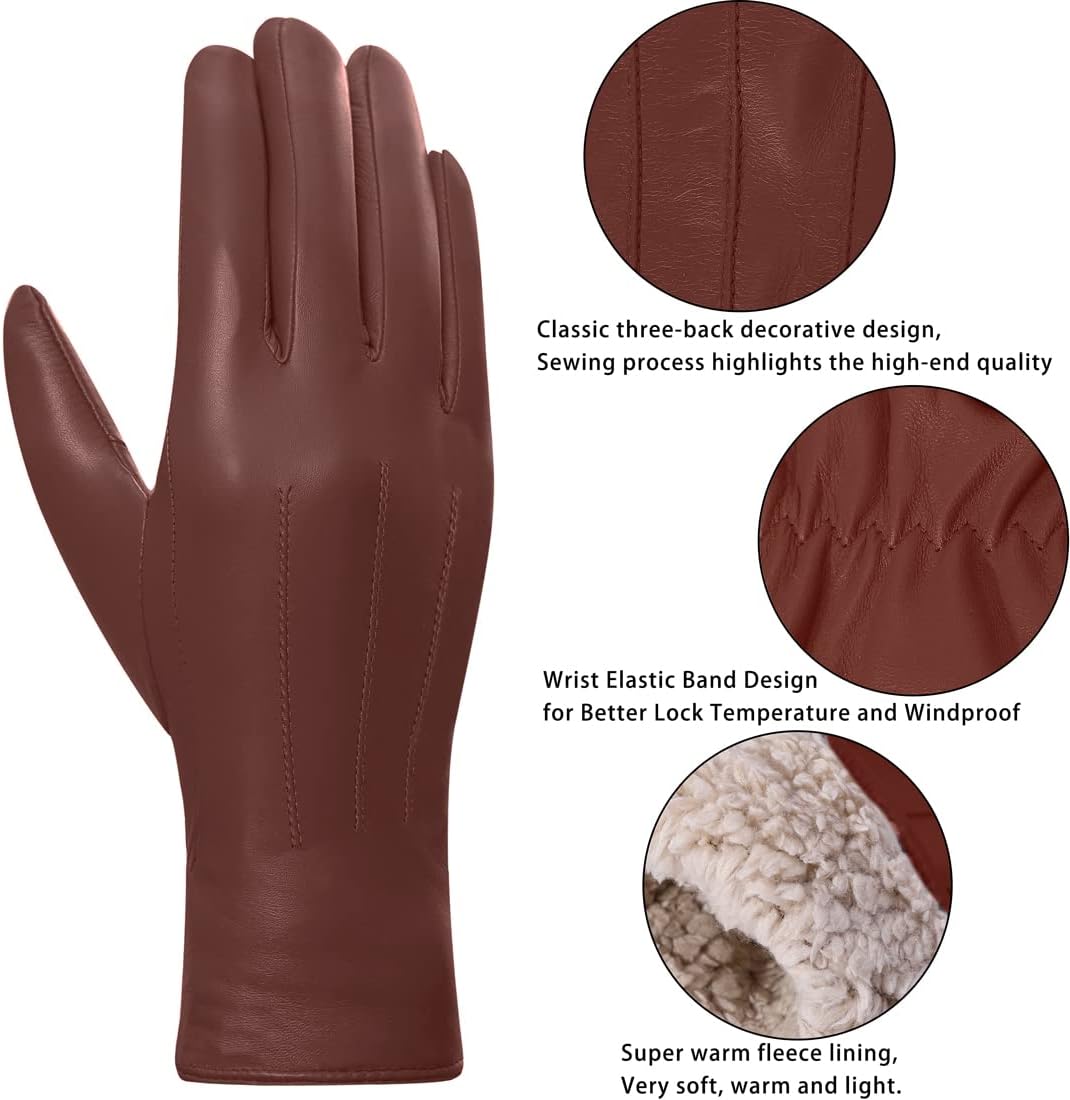 Harssidanzar Lederhandschuhe für Damen, Winter Warm Fleecefutter Touchscreen Vintage Finished GL018E