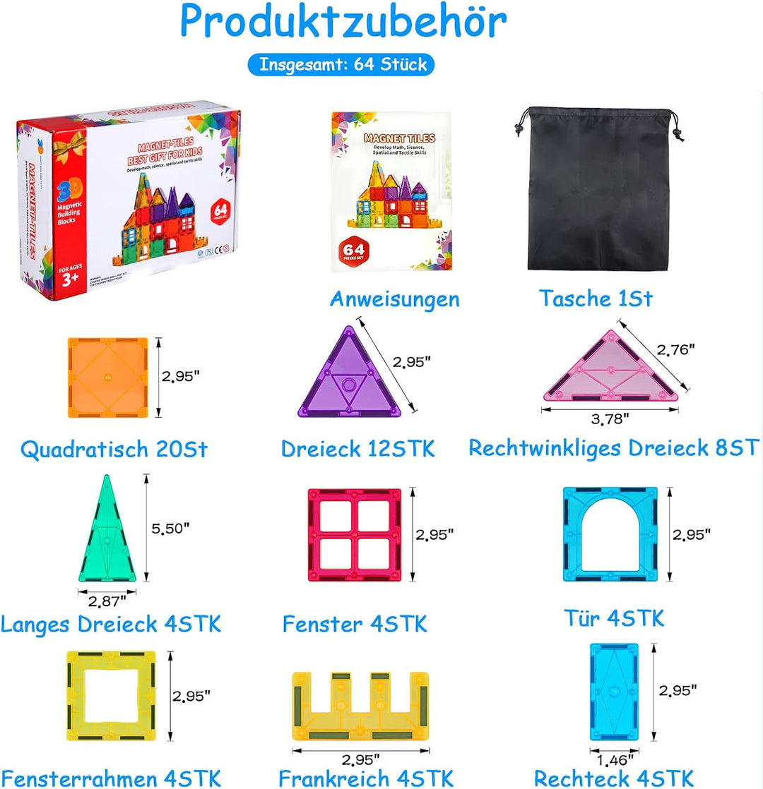 Magnetische Bausteine 64 Teile Magnetspielzeug Magnete Bauklötze Baukasten Kinder Magnetbausteine Pe