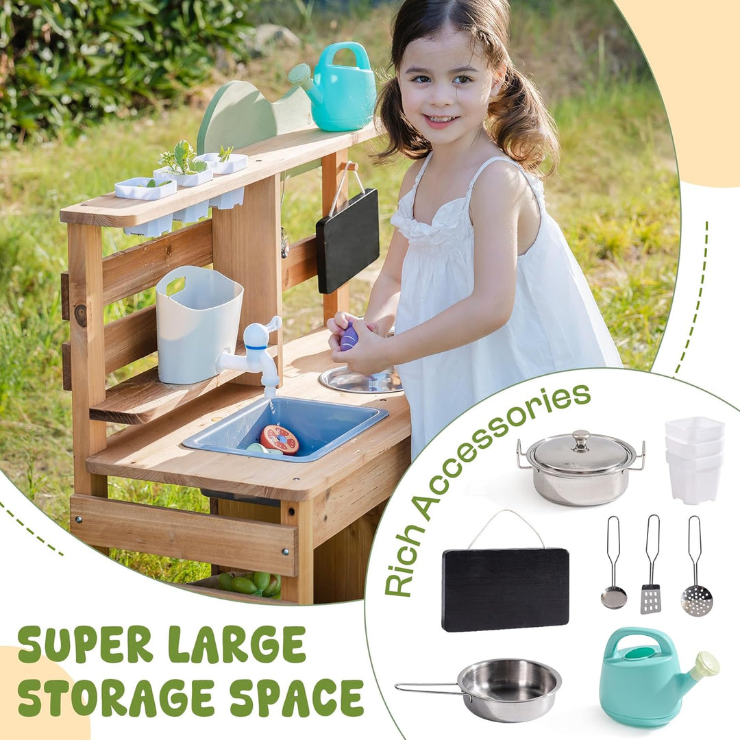 ROBUD Matschküche Kinder Outdoor, Spielküche Holz mit Echtem Wasserhahn, Wasserkocher, Pflanzgefäss,