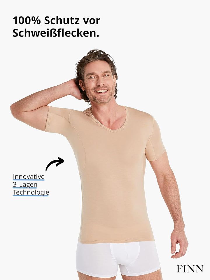 FINN Anti-Schweiss Shirt Herren mit V-Ausschnitt und Rücken-Einsatz – Unterhemd gegen Schwitzen mit
