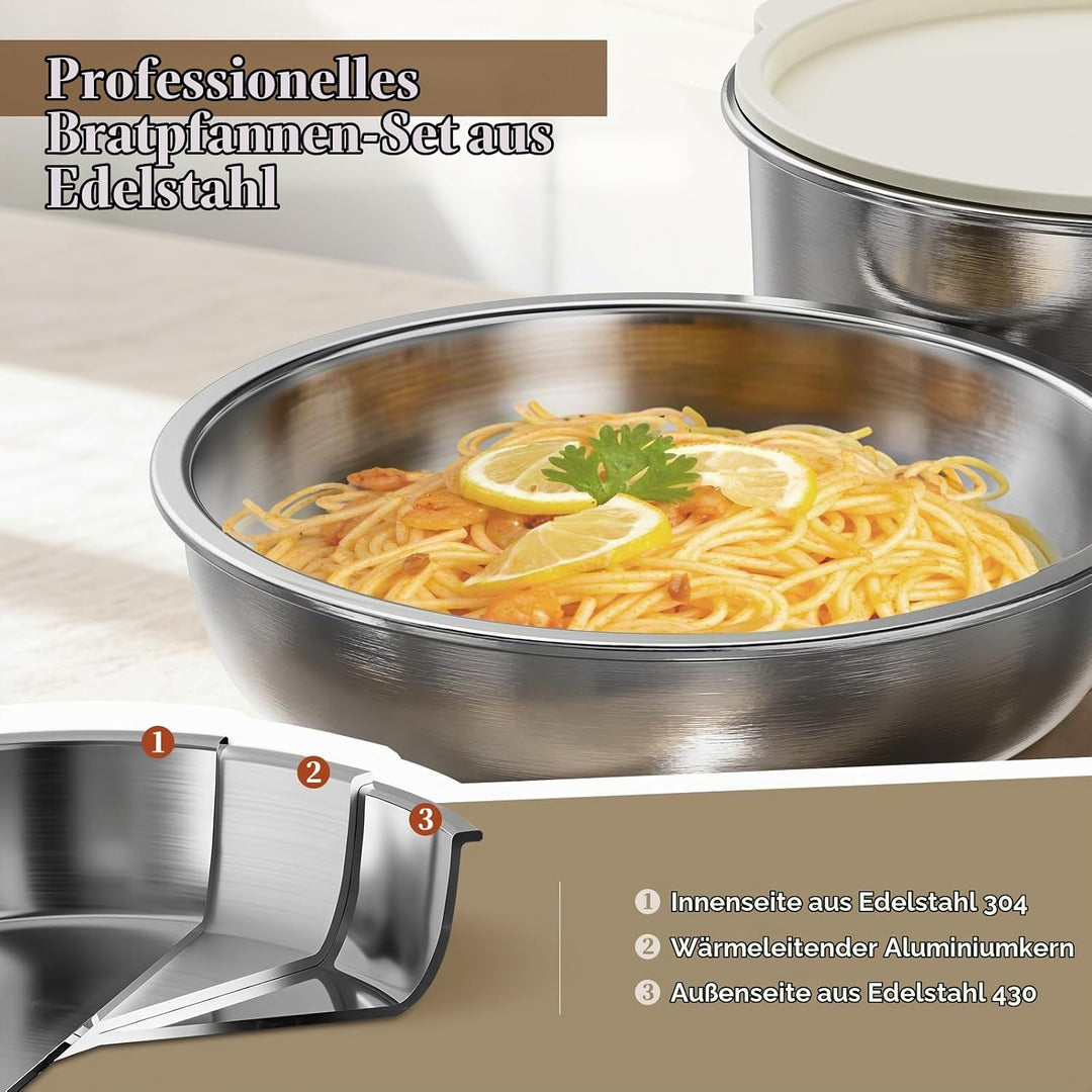 10Stk Topfsets Edelstahl Pfannenset mit Abnehmbaren Griffen, Pfanne 24cm, Topf 18/20cm, Stapelbar To