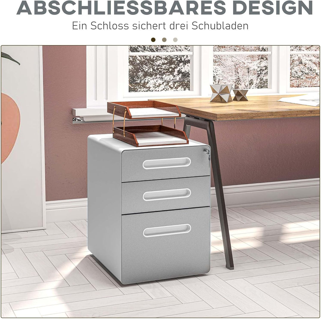 Vinsetto Rollcontainer, mobiler Aktenschrank mit 3 Schubladen, abschliessbarer Büroschrank mit Hänge
