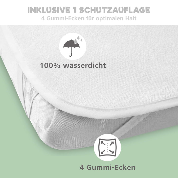 2X Spannbettlaken aus 100% Baumwolle mit Gummiband - 1X Matratzenschoner aus 100% wasserdichtem Mate