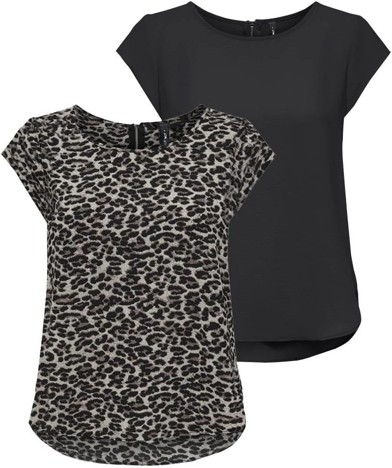 ONLY Damen Onlvic S/S Solid AOP Top Ptm T-Shirt, Blusenshirt, Kurzarm 34 2er Pack (Pack B: Black/Pum