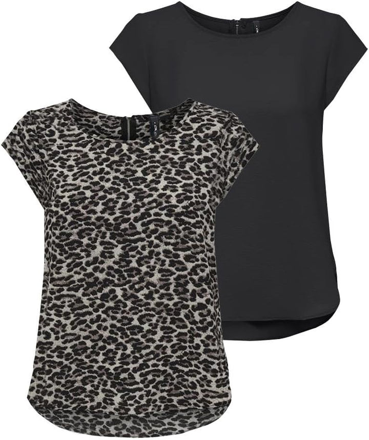 ONLY Damen Onlvic S/S Solid AOP Top Ptm T-Shirt, Blusenshirt, Kurzarm 34 2er Pack (Pack B: Black/Pum