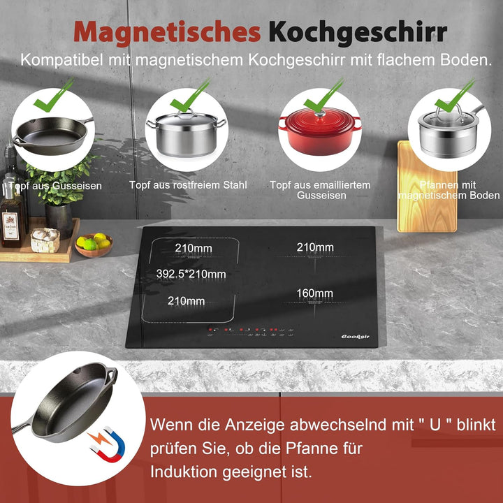 Induktionskochfeld mit Stecker, Cooksir Induktions Kochfeld 4 Platten, Einbau 60CM, Flexible Kombini