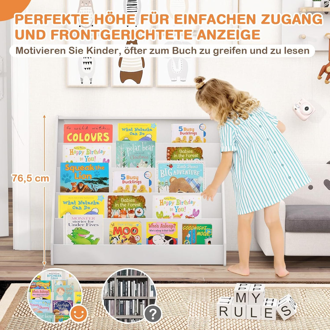 COSTWAY Kinderregal mit 5 Fächern, Bücherregal für Kinder, Zeitungsständer aus Holz, Aufbewahrungsre