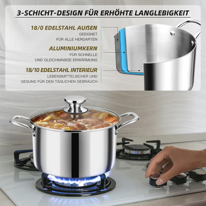 Onader Kochtopf, 3-Lagen Edeastahl Topf Induktion, 5L Kochtöpfe Nudeltopf Suppentopf mit Glasdeckel