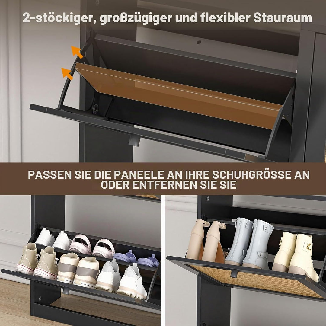 Rattan Schuhschrank mit 4 Klappen, Schuhkipper Schuhkommode mit Einstellbar Ablageflächen Schuhregal