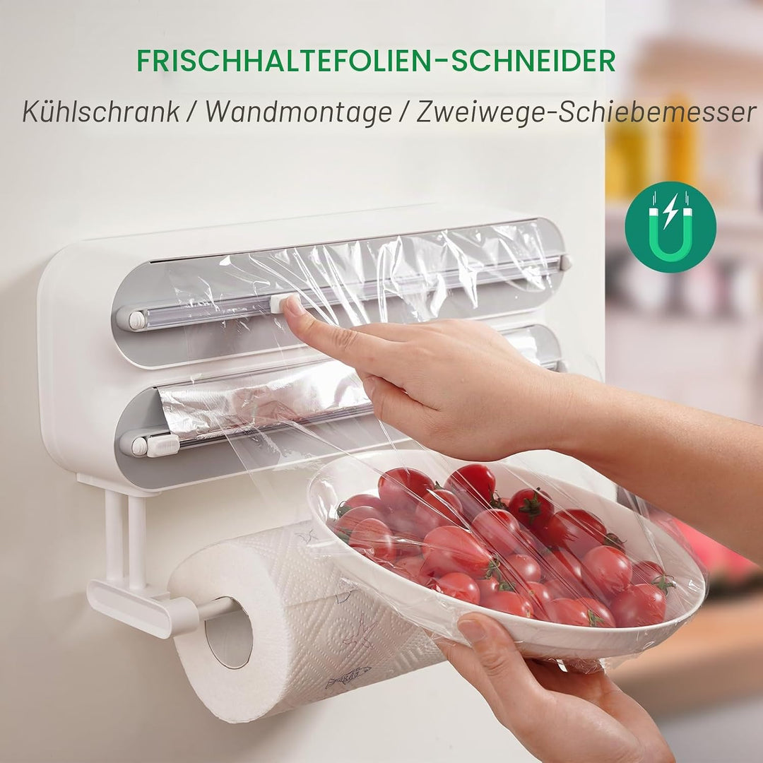 3 in 1 Frischhaltefolienspender mit Küchenrollenhalter, Folienspender mit Cutter, Küchenrollenhalter