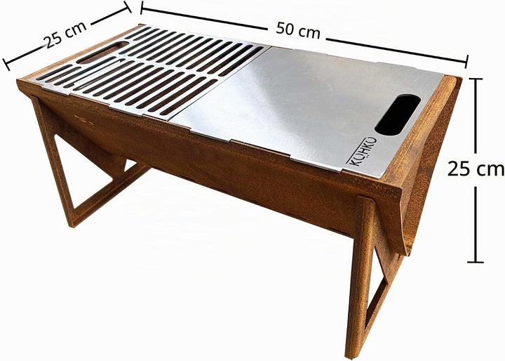 Köhko Picknickgrill „Party Time“— Tischgrill aus Cortenstahl, tragbarer Grillofen mit Grillplatte un