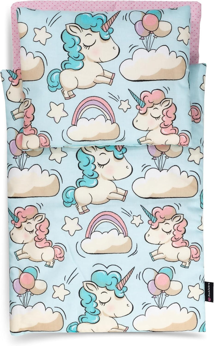 PinkZebra 3er Set Puppenbettwäsche für Puppen bis 43 cm, Puppenbettzeug 3-teilig, Decke + Kissen + M