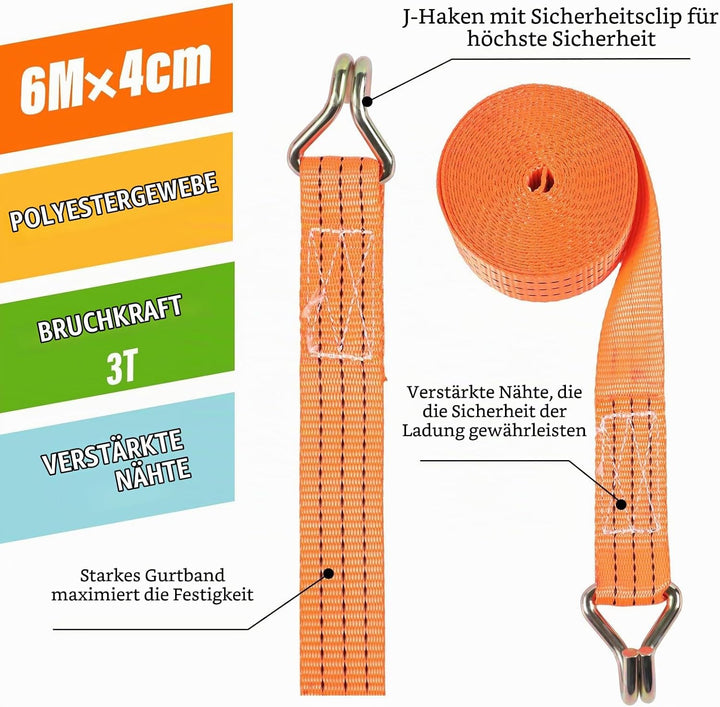 4 Set Spanngurt mit Ratsche und J Haken,3000 kg Zurrgurt Ratschengurt 6 mX40 mm,Frachtgurte für Umga
