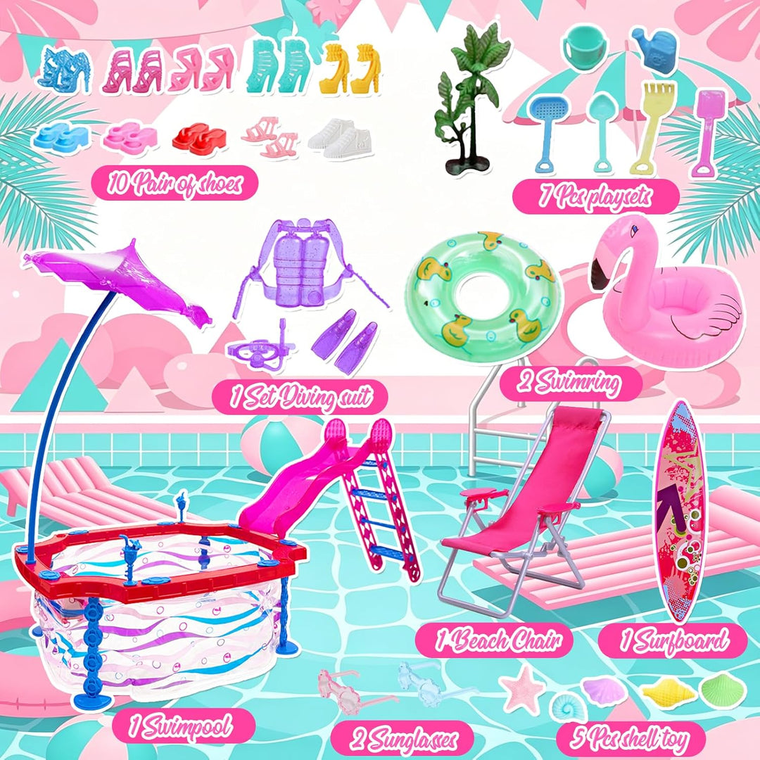 36 Schwimmbad Puppenkleidung für 11.5 Zoll Puppen Kompatibel mit Barbie Puppen, 1 Rutsche Pool 6 Som