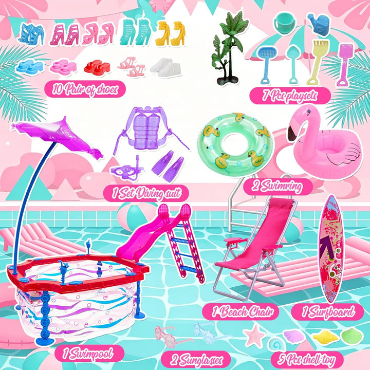 36 Schwimmbad Puppenkleidung für 11.5 Zoll Puppen Kompatibel mit Barbie Puppen, 1 Rutsche Pool 6 Som