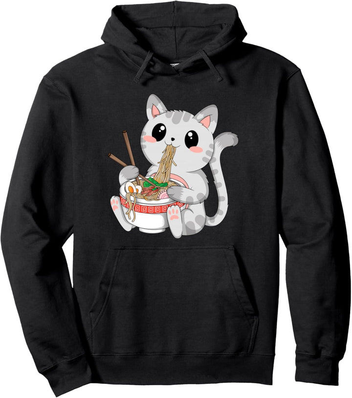 Niedliche Kawaii-Katze, Ramen Nudeln, lustige Anime, japanische Ästhetik Pullover Hoodie