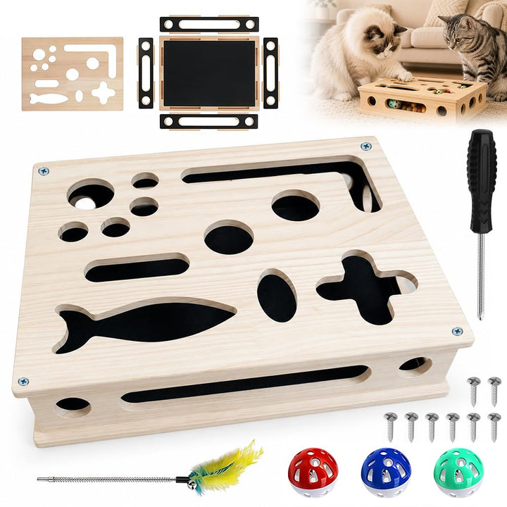 2 in 1 Katzen Kratzpuzzle Box, Beschäftigungsbox Krallenfeile mit 3 Glockenbällen, Katzen Krallenpfl