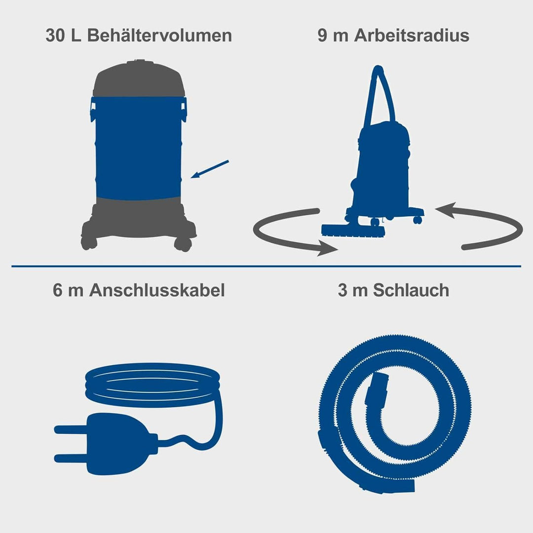 Scheppach Nass- / Trockensauger VC30 Premium | 30L Edelstahlbehälter & Zubehör | 1200W Leistung | 20