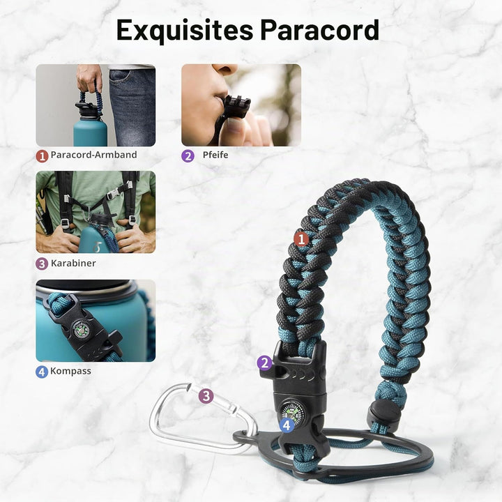 Thermosflasche mit Strohhalm 2L, Trebo Trinkflasche Edelstahl mit Paracord-Griff & 3 Deckeln, Edelst