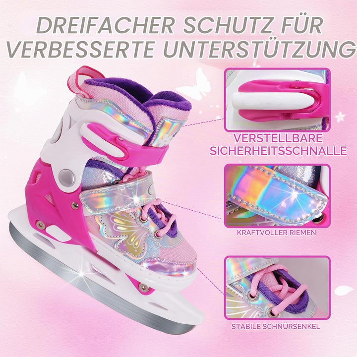 Nattork Mädchen-Eislaufschuhe für Kinder, 4-Fach verstellbar, Butterfly-Eislaufschuhe mit Fleecefutt