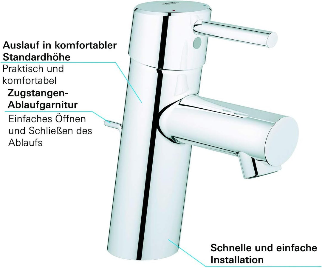 GROHE Concetto - Einhand-Waschtischbatterie (DN 15, S-Size, Einlochmontage) chrom, 32204001, Silber