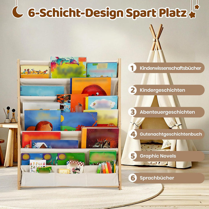 COSYLAND Bücherregal Kinder mit 6 Oxford-Stoff Fächern - Kinderbücherregal aus Naturholz - Bücherreg